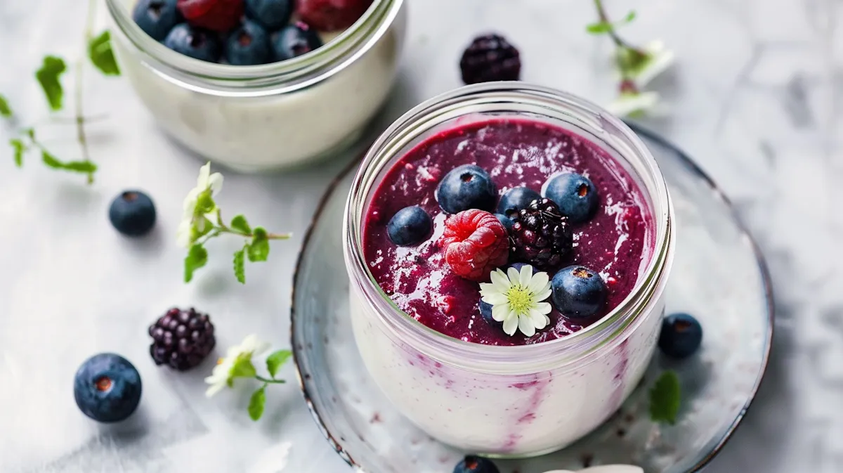 Yogur con frutos rojos y arándanos en tarros de cristal