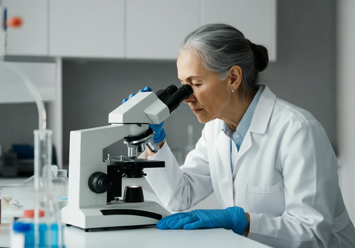 Científica analizando una muestra al microscopio en un laboratorio