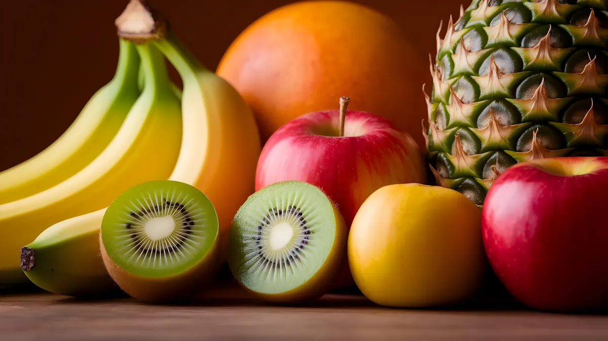 Fruta fresca: plátanos, kiwis, manzanas, naranja y piña