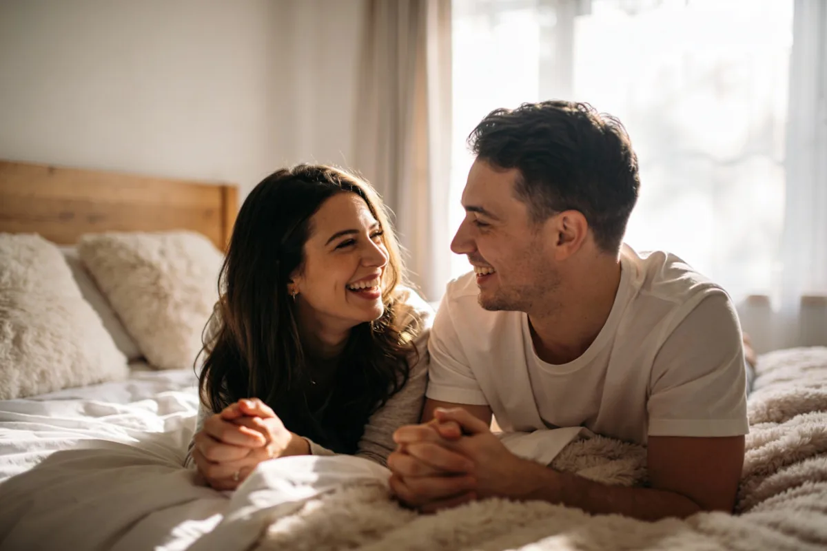 Pareja riéndose juntos, tumbados en la cama